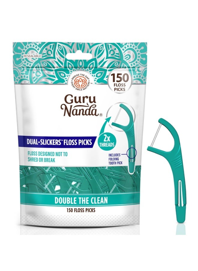 GuruNanda Dual Slickers Floss Picks - Double Threaded Dyneema Dental Floss with Foldable Toothpick for Effective Plaque Removal - Unflavored- 150 Ct - Image 1
